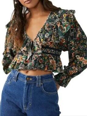 Free People rudi printed ruffle crop blouse in Garden Floral Size S